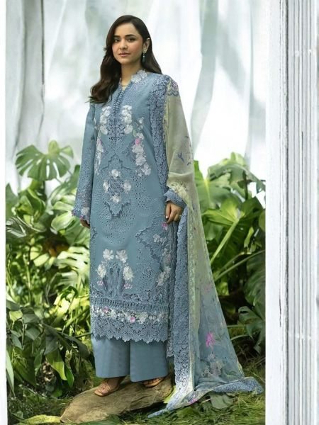 Ethereal Teal Blue Party Wear Pure Cambric Cotton Embroidered Suit Set For Festival 