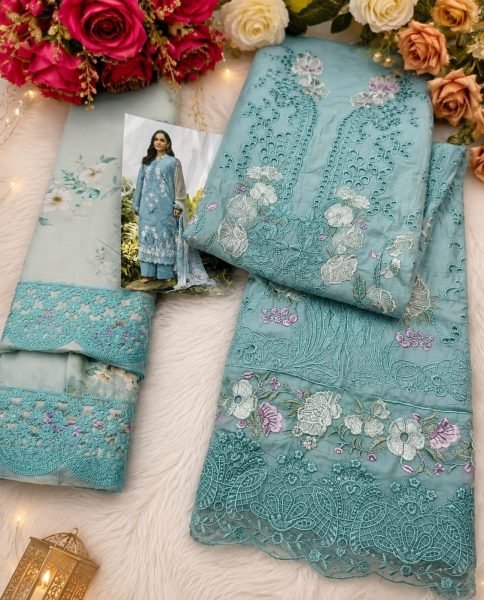 Ethereal Teal Blue Party Wear Pure Cambric Cotton Embroidered Suit Set For Festival Pakistani Suits Wholesale