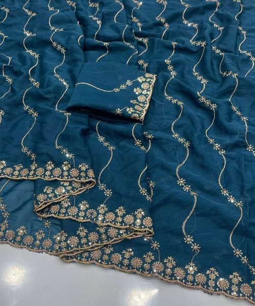 Ethereal Teal Blue Saree with Heavy Embroidered Blouse for Party Wear Embroidery Sarees Wholesale