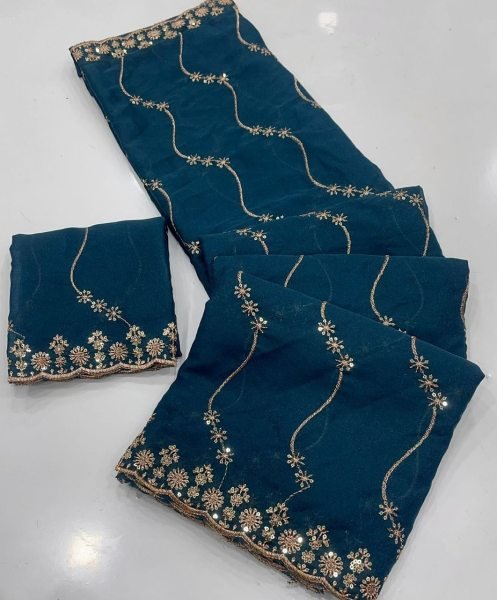 Ethereal Teal Blue Saree with Heavy Embroidered Blouse for Party Wear Embroidery Sarees Wholesale