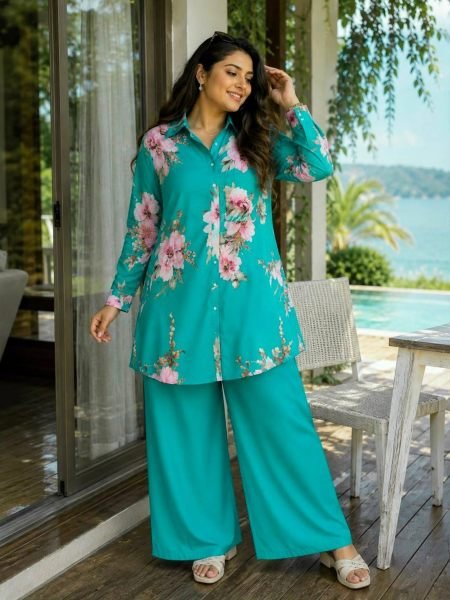 Ethereal Turquoise Ready-to-Wear Butter Silk Shirt Palazzo Outfit For Wedding Kurtis