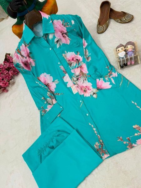 Ethereal Turquoise Ready-to-Wear Butter Silk Shirt Palazzo Outfit For Wedding CO ORD Sets