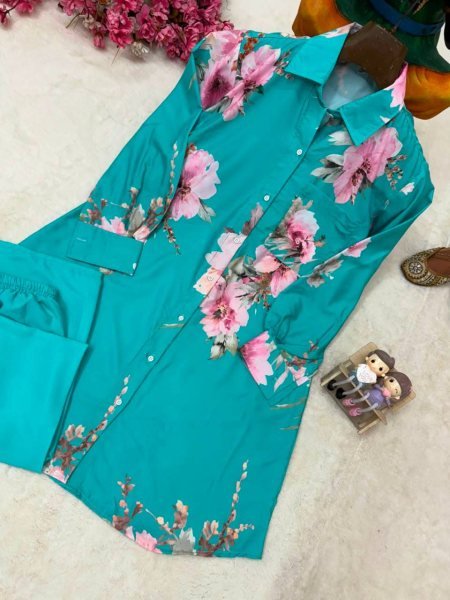 Ethereal Turquoise Ready-to-Wear Butter Silk Shirt Palazzo Outfit For Wedding CO ORD Sets