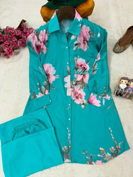 Ethereal Turquoise Ready-to-Wear Butter Silk Shirt Palazzo Outfit For Wedding CO ORD Sets