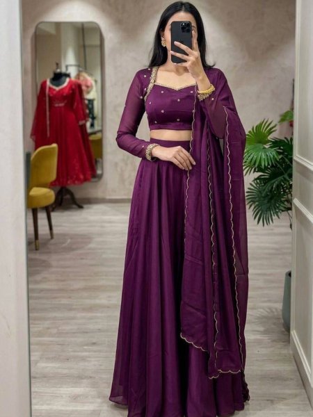 Ethereal Violet Wine Muse Rangoli Fabric Lehenga Set with Floral Embroidery 