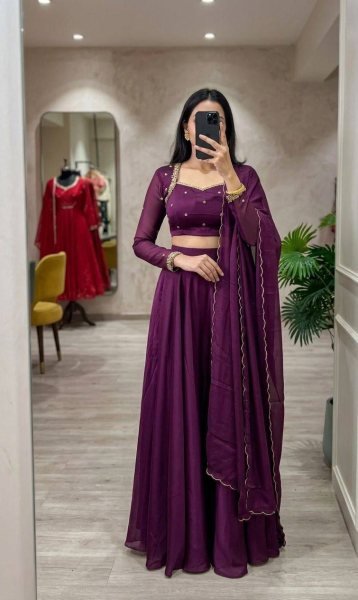 Ethereal Violet Wine Muse Rangoli Fabric Lehenga Set with Floral Embroidery Designer Lehenga Choli