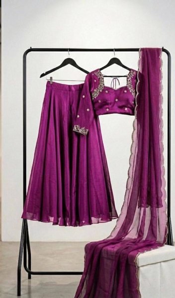 Ethereal Violet Wine Muse Rangoli Fabric Lehenga Set with Floral Embroidery Designer Lehenga Choli