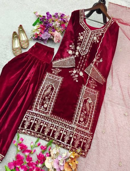 Ethereal Viscose Velvet Embroidery Top with Patiyala   Net Dupatta for Winter Party Wear Ready To Wear Collection