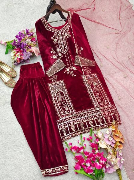 Ethereal Viscose Velvet Embroidery Top with Patiyala   Net Dupatta for Winter Party Wear Ready To Wear Collection