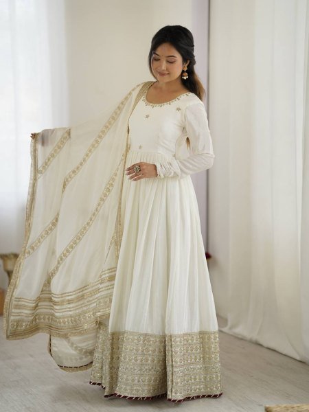 Ethereal White Chinon Silk Embroidered Gown Set Fine Thread And Sequence Work for Resellers at Best Rates Plus Size Kurti / Gown