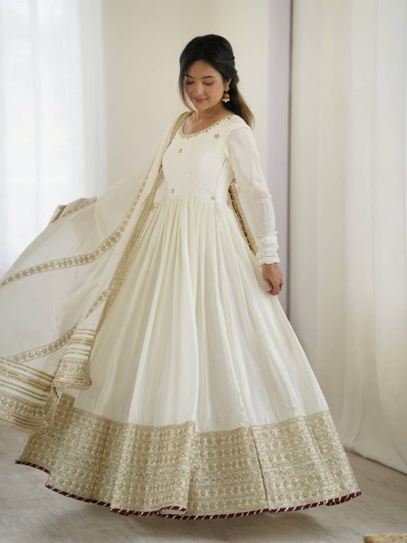 Ethereal White Chinon Silk Embroidered Gown Set Fine Thread And Sequence Work for Resellers at Best Rates Plus Size Kurti / Gown