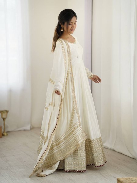Ethereal White Chinon Silk Embroidered Gown Set Fine Thread And Sequence Work for Resellers at Best Rates Plus Size Kurti / Gown