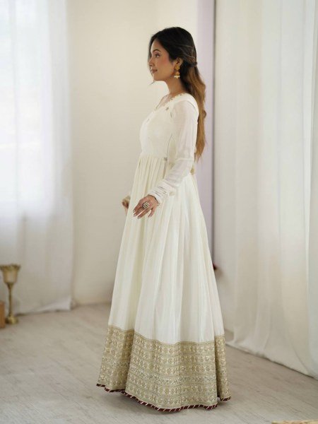 Ethereal White Chinon Silk Embroidered Gown Set Fine Thread And Sequence Work for Resellers at Best Rates Plus Size Kurti / Gown