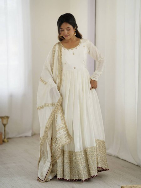 Ethereal White Chinon Silk Embroidered Gown Set Fine Thread And Sequence Work for Resellers at Best Rates Plus Size Kurti / Gown