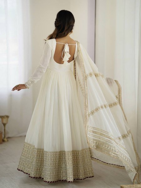 Ethereal White Chinon Silk Embroidered Gown Set Fine Thread And Sequence Work for Resellers at Best Rates Plus Size Kurti / Gown