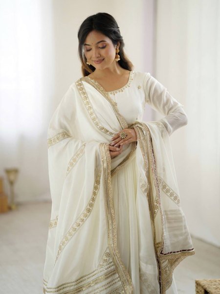 Ethereal White Chinon Silk Embroidered Gown Set Fine Thread And Sequence Work for Resellers at Best Rates Plus Size Kurti / Gown