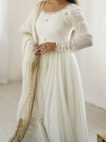 Ethereal White Chinon Silk Embroidered Gown Set Fine Thread And Sequence Work for Resellers at Best Rates Plus Size Kurti / Gown