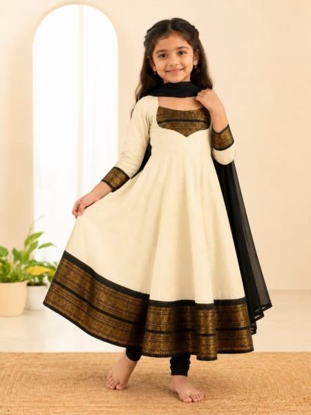 Ethereal White Festive Wear Girls Anarkali Dress with Jacquard Work at Manufacturer 