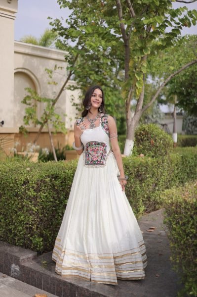 Ethereal White Full Stitched Reyon Chaniya Choli with Designer Blouse at Wholesale Rate Navratri Lehnega Choli