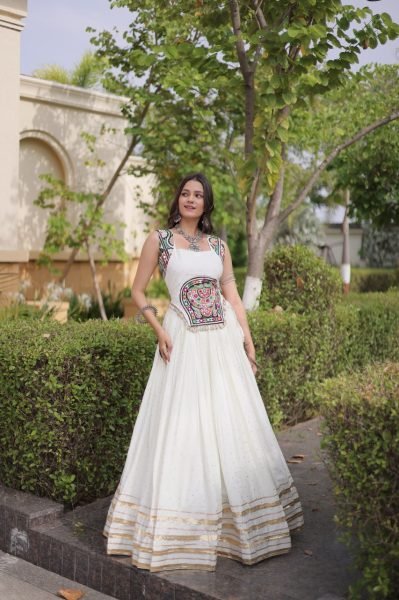 Ethereal White Full Stitched Reyon Chaniya Choli with Designer Blouse at Wholesale Rate Navratri Lehnega Choli