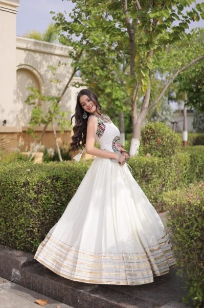 Ethereal White Full Stitched Reyon Chaniya Choli with Designer Blouse at Wholesale Rate Navratri Lehnega Choli