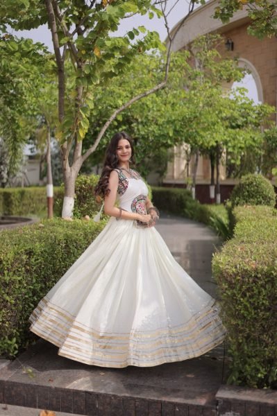 Ethereal White Full Stitched Reyon Chaniya Choli with Designer Blouse at Wholesale Rate Navratri Lehnega Choli