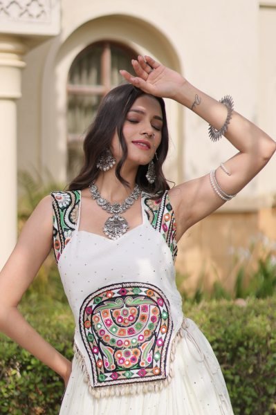 Ethereal White Full Stitched Reyon Chaniya Choli with Designer Blouse at Wholesale Rate Navratri Lehnega Choli
