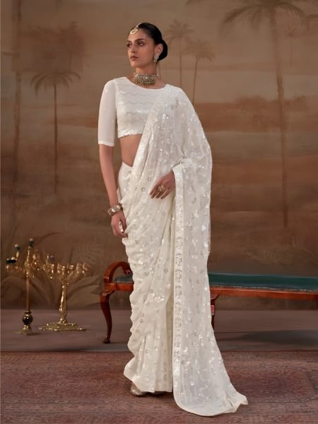 Ethereal White Georgette Heavy Embroidery Work Saree With Unstitch Blouse 