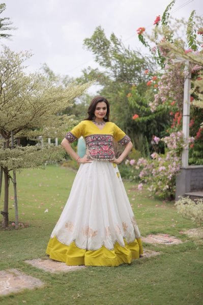 Ethereal White Yellow Roman Fabric Garba Lehenga Choli with Mirror Lace Design Navratri Lehnega Choli
