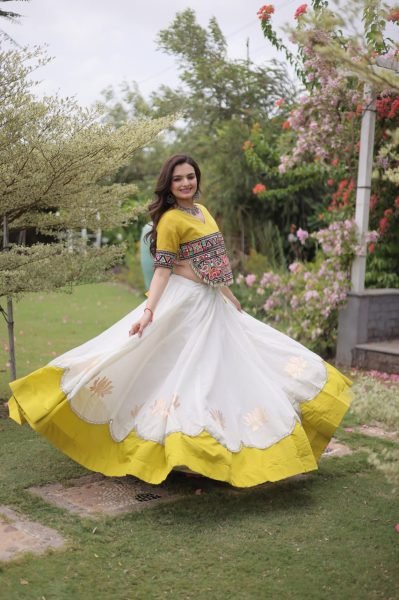 Ethereal White Yellow Roman Fabric Garba Lehenga Choli with Mirror Lace Design Navratri Lehnega Choli