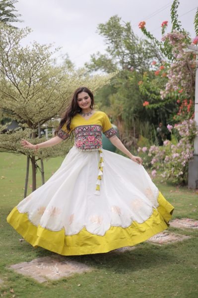 Ethereal White Yellow Roman Fabric Garba Lehenga Choli with Mirror Lace Design Navratri Lehnega Choli