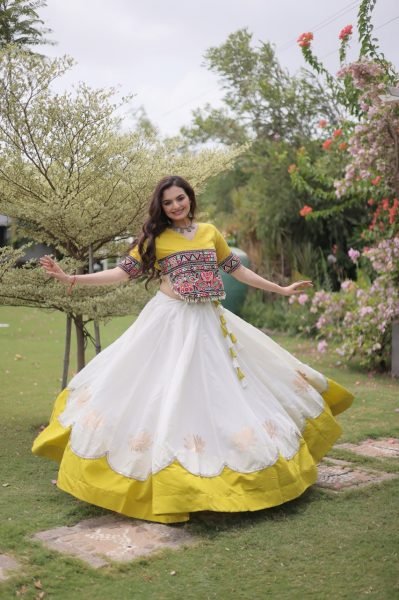 Ethereal White Yellow Roman Fabric Garba Lehenga Choli with Mirror Lace Design Navratri Lehnega Choli