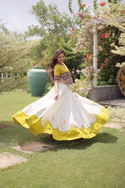 Ethereal White Yellow Roman Fabric Garba Lehenga Choli with Mirror Lace Design Navratri Lehnega Choli