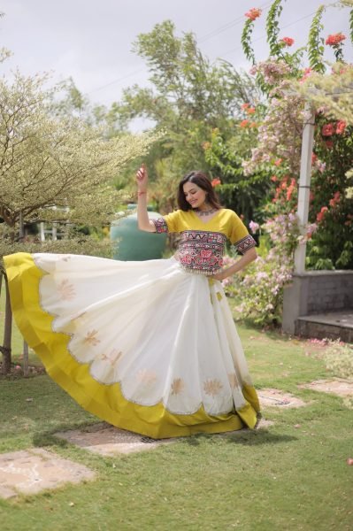Ethereal White Yellow Roman Fabric Garba Lehenga Choli with Mirror Lace Design Navratri Lehnega Choli