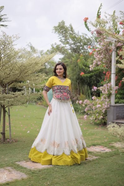 Ethereal White Yellow Roman Fabric Garba Lehenga Choli with Mirror Lace Design Navratri Lehnega Choli