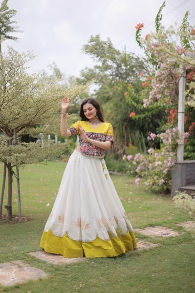 Ethereal White Yellow Roman Fabric Garba Lehenga Choli with Mirror Lace Design Navratri Lehnega Choli