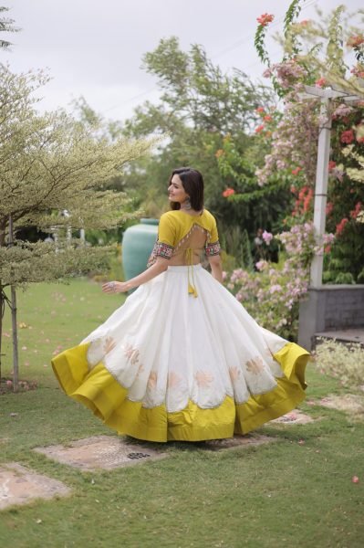 Ethereal White Yellow Roman Fabric Garba Lehenga Choli with Mirror Lace Design Navratri Lehnega Choli