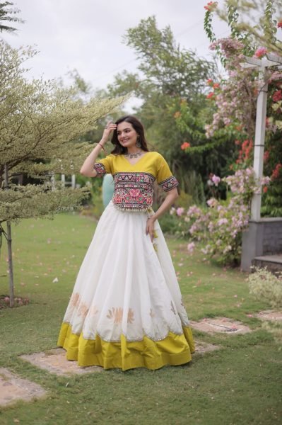 Ethereal White Yellow Roman Fabric Garba Lehenga Choli with Mirror Lace Design Navratri Lehnega Choli
