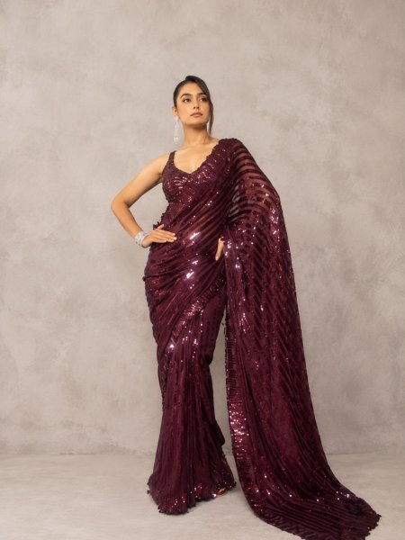 Ethereal Wine Faux Georgette Party Wear Saree with Multi Thread Embroidery and Sequins Georgette Sarees Wholesale