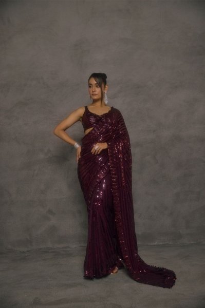 Ethereal Wine Faux Georgette Party Wear Saree with Multi Thread Embroidery and Sequins Bollywood Fancy Sarees Wholesale