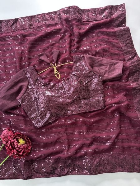 Ethereal Wine Faux Georgette Party Wear Saree with Multi Thread Embroidery and Sequins Bollywood Fancy Sarees Wholesale
