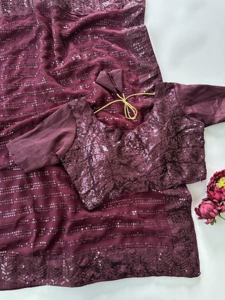 Ethereal Wine Faux Georgette Party Wear Saree with Multi Thread Embroidery and Sequins Bollywood Fancy Sarees Wholesale
