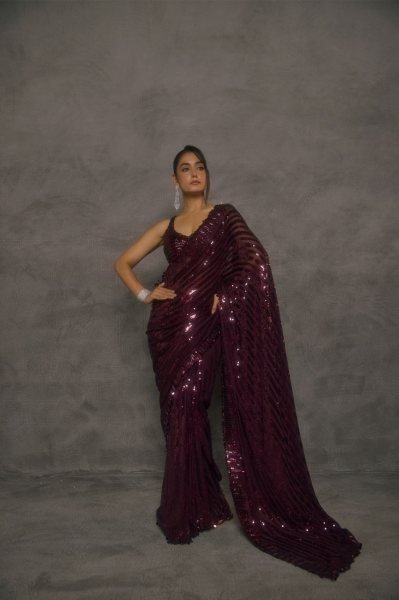 Ethereal Wine Faux Georgette Party Wear Saree with Multi Thread Embroidery and Sequins Bollywood Fancy Sarees Wholesale