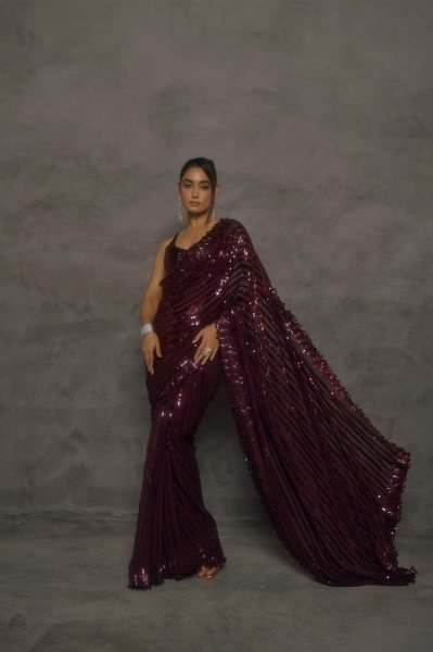 Ethereal Wine Faux Georgette Party Wear Saree with Multi Thread Embroidery and Sequins Bollywood Fancy Sarees Wholesale
