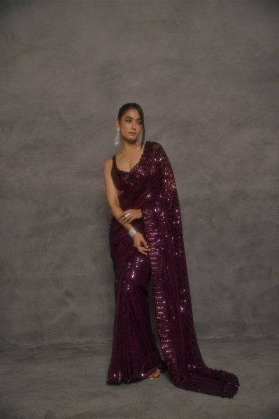 Ethereal Wine Faux Georgette Party Wear Saree with Multi Thread Embroidery and Sequins Bollywood Fancy Sarees Wholesale