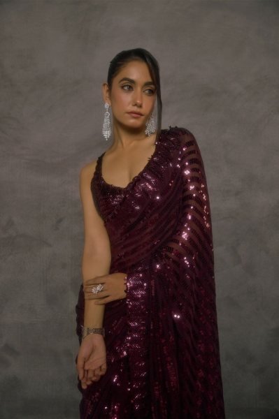 Ethereal Wine Faux Georgette Party Wear Saree with Multi Thread Embroidery and Sequins Bollywood Fancy Sarees Wholesale