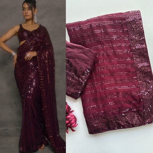 Ethereal Wine Faux Georgette Party Wear Saree with Multi Thread Embroidery and Sequins Bollywood Fancy Sarees Wholesale