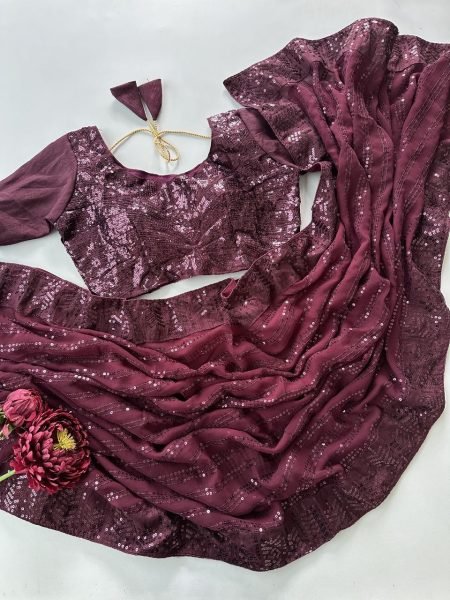 Ethereal Wine Faux Georgette Party Wear Saree with Multi Thread Embroidery and Sequins Bollywood Fancy Sarees Wholesale