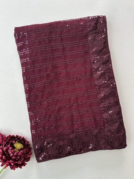Ethereal Wine Faux Georgette Party Wear Saree with Multi Thread Embroidery and Sequins Bollywood Fancy Sarees Wholesale