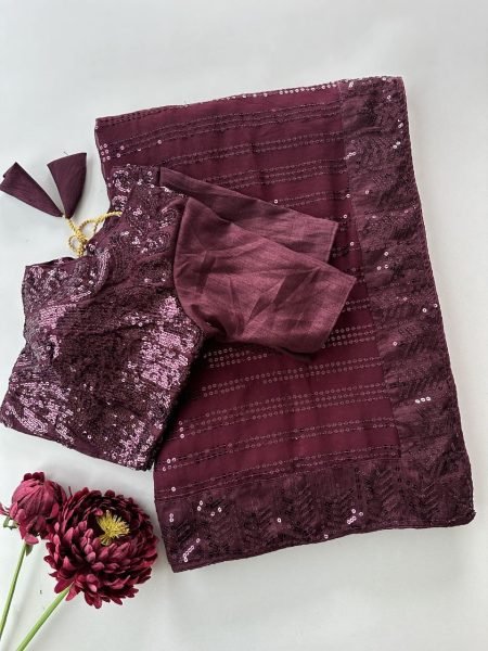 Ethereal Wine Faux Georgette Party Wear Saree with Multi Thread Embroidery and Sequins Bollywood Fancy Sarees Wholesale